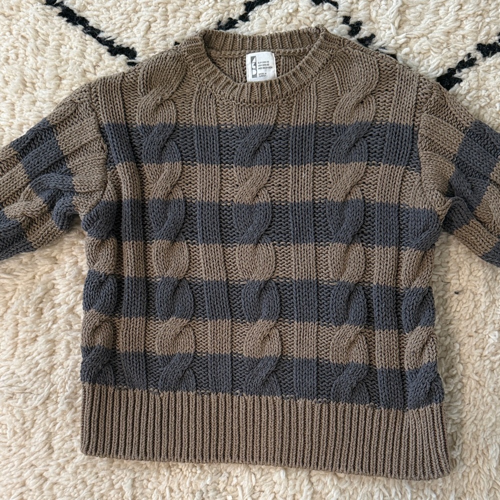 Zara Brown and Gray Striped Cable-Knit Crewneck Sweater